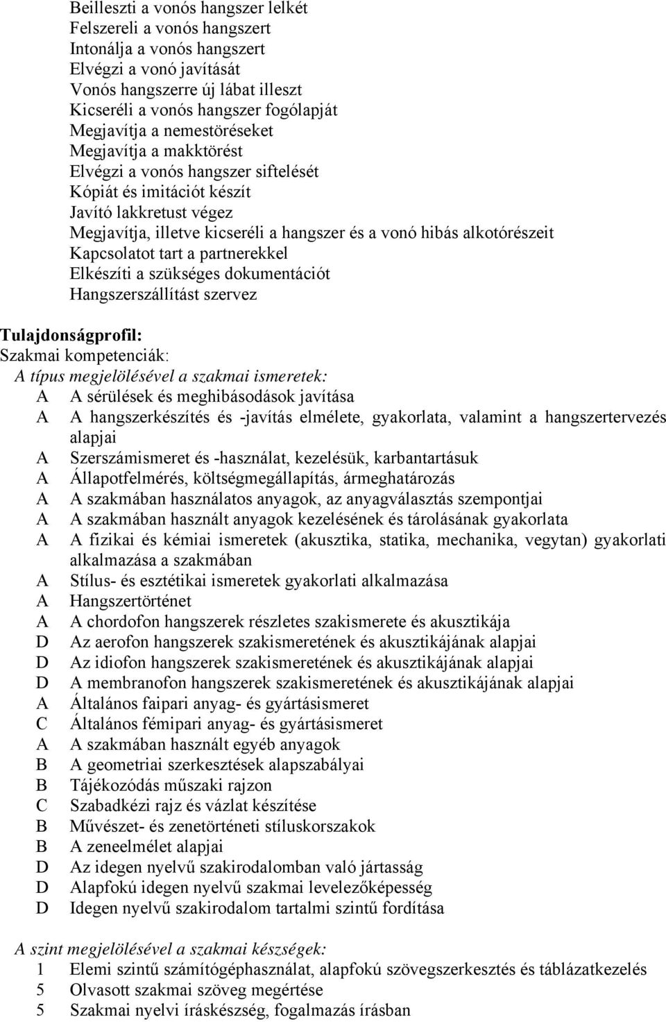 Kapcsolatot tart a partnerekkel Elkészíti a szükséges dokumentációt Hangszerszállítást szervez Tulajdonságprofil: Szakmai kompetenciák: A típus megjelölésével a szakmai ismeretek: A A sérülések és