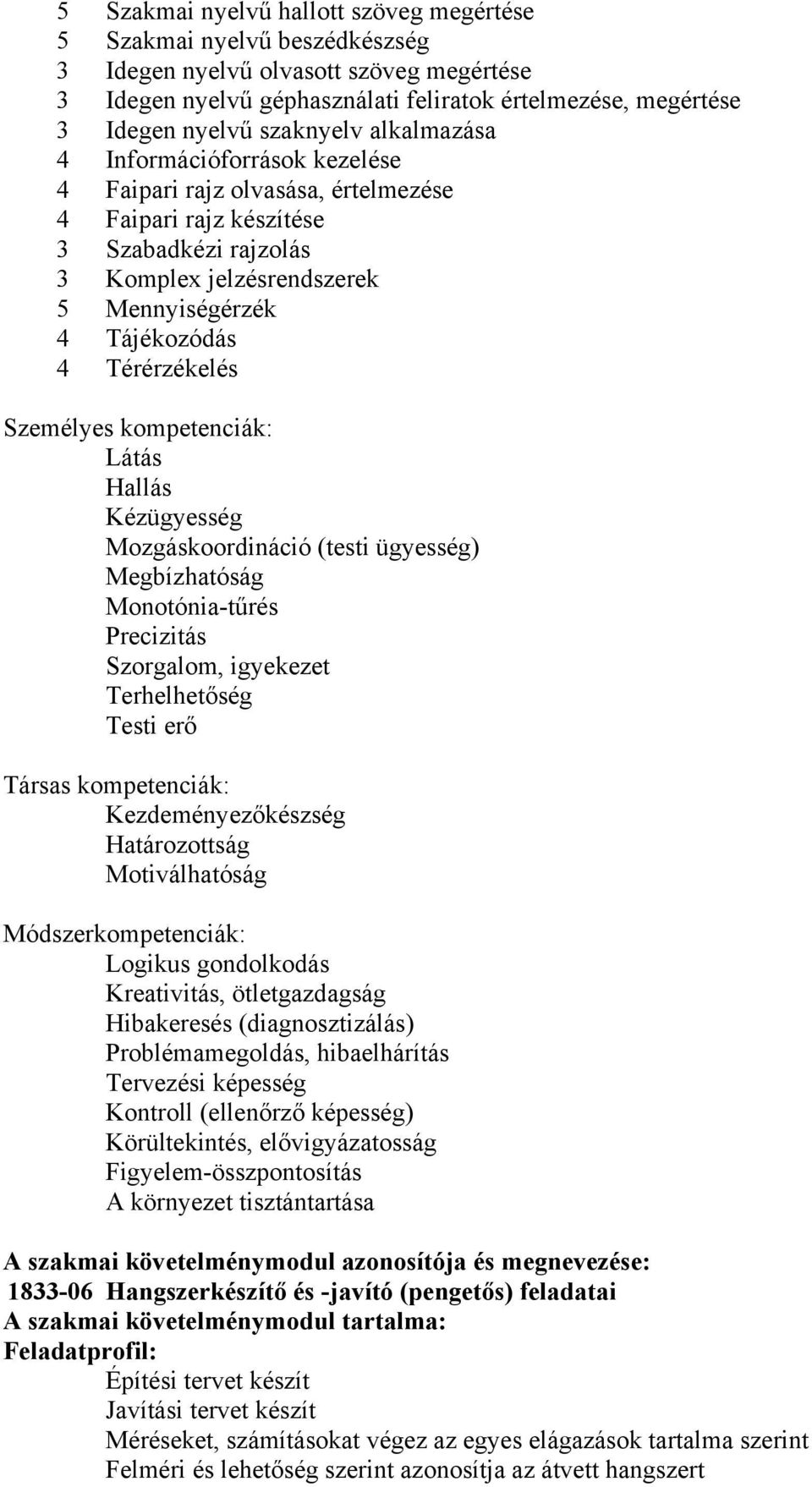 Térérzékelés Személyes kompetenciák: Látás Hallás Kézügyesség Mozgáskoordináció (testi ügyesség) Megbízhatóság Monotónia-tűrés Precizitás Szorgalom, igyekezet Terhelhetőség Testi erő Társas