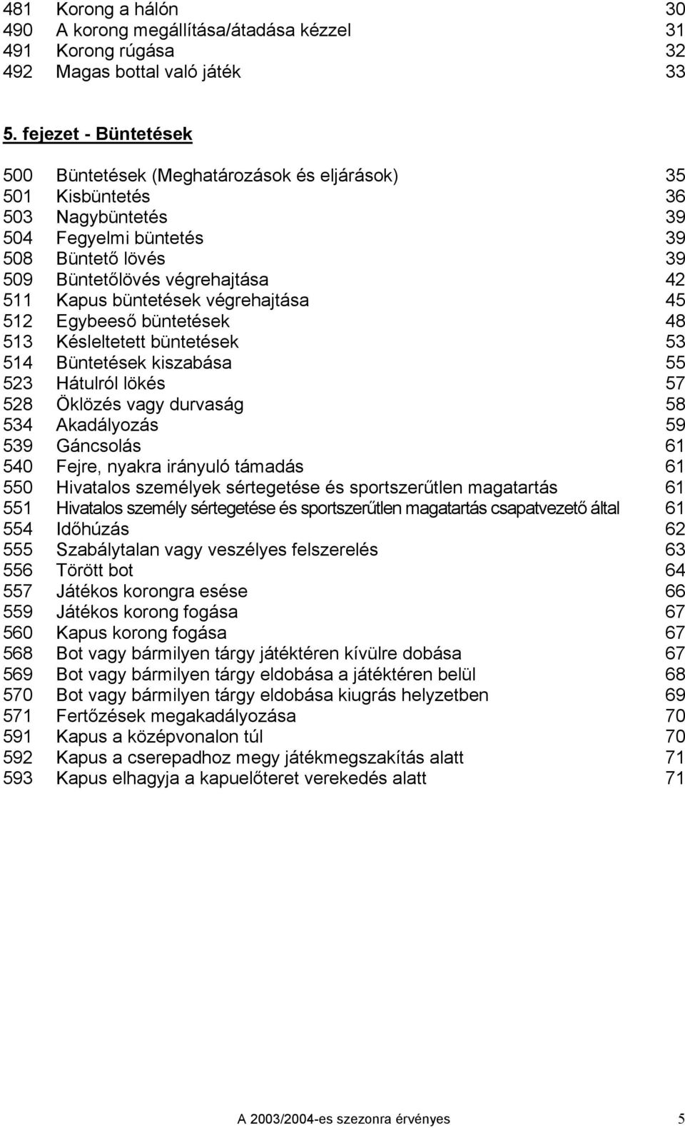 büntetések végrehajtása 45 512 Egybeeső büntetések 48 513 Késleltetett büntetések 53 514 Büntetések kiszabása 55 523 Hátulról lökés 57 528 Öklözés vagy durvaság 58 534 Akadályozás 59 539 Gáncsolás 61