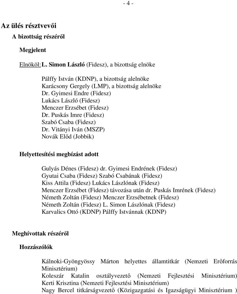 Gyimesi Endre (Fidesz) Lukács László (Fidesz) Menczer Erzsébet (Fidesz) Dr. Puskás Imre (Fidesz) Szabó Csaba (Fidesz) Dr.