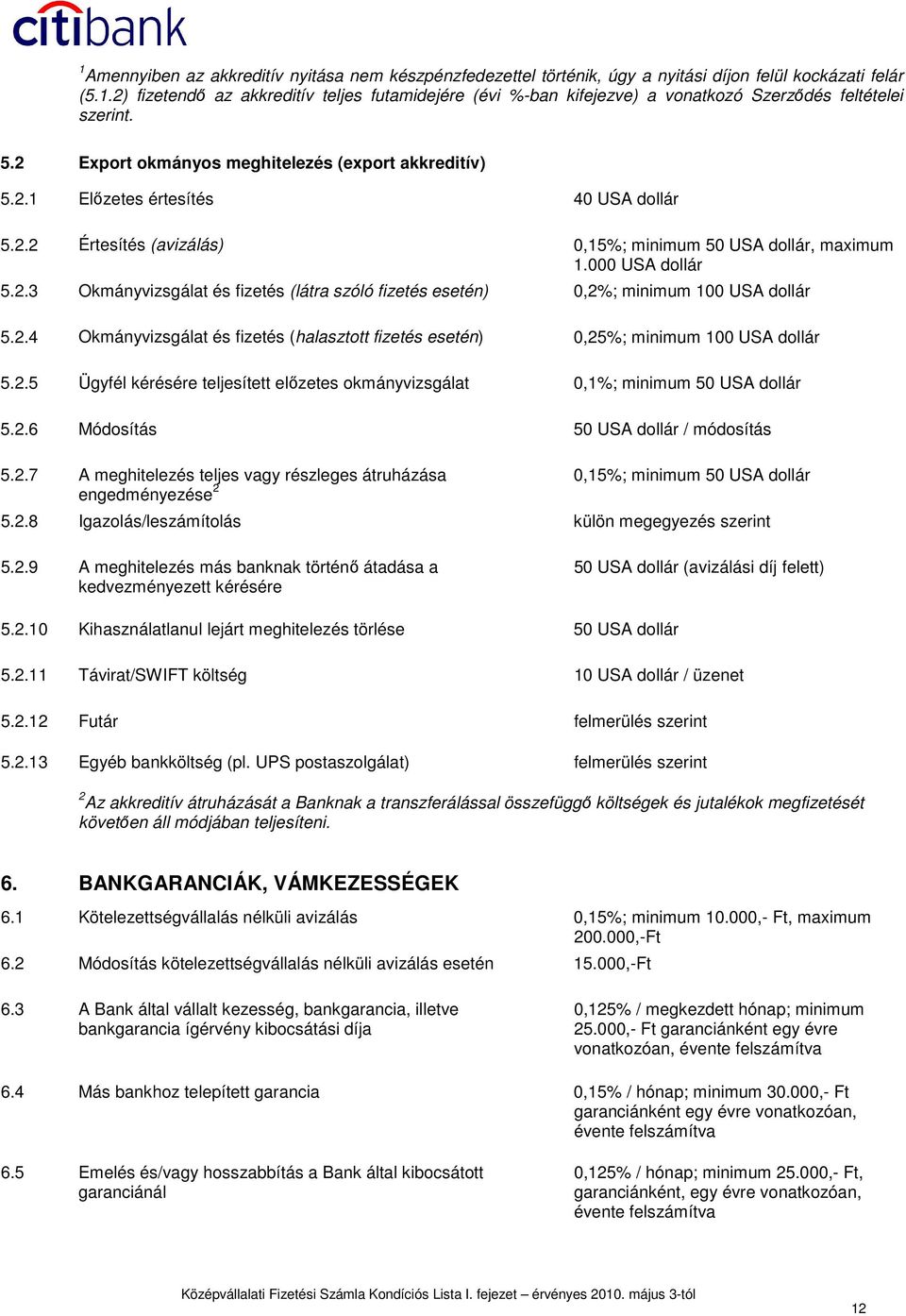 2.4 Okmányvizsgálat és fizetés (halasztott fizetés esetén) 0,25%; minimum 100 USA dollár 5.2.5 Ügyfél kérésére teljesített elızetes okmányvizsgálat 0,1%; minimum 50 USA dollár 5.2.6 Módosítás 50 USA dollár / módosítás 5.