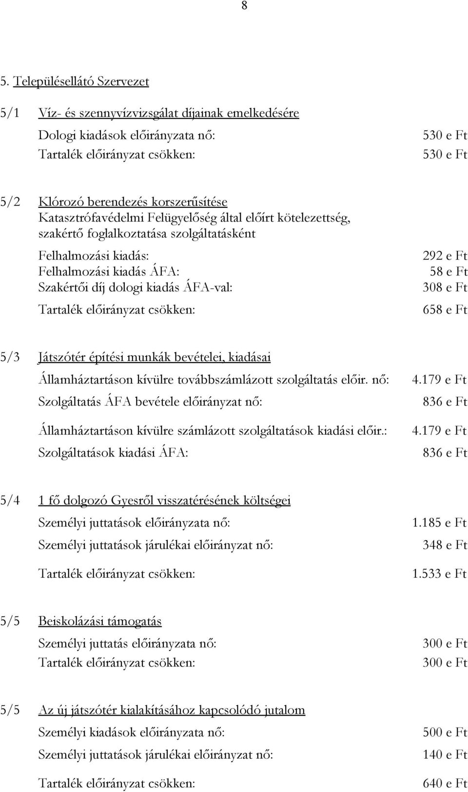 dologi kiadás ÁFA-val: 308 e Ft Tartalék előirányzat csökken: 658 e Ft 5/3 Játszótér építési munkák bevételei, kiadásai Államháztartáson kívülre továbbszámlázott szolgáltatás előir. nő: 4.