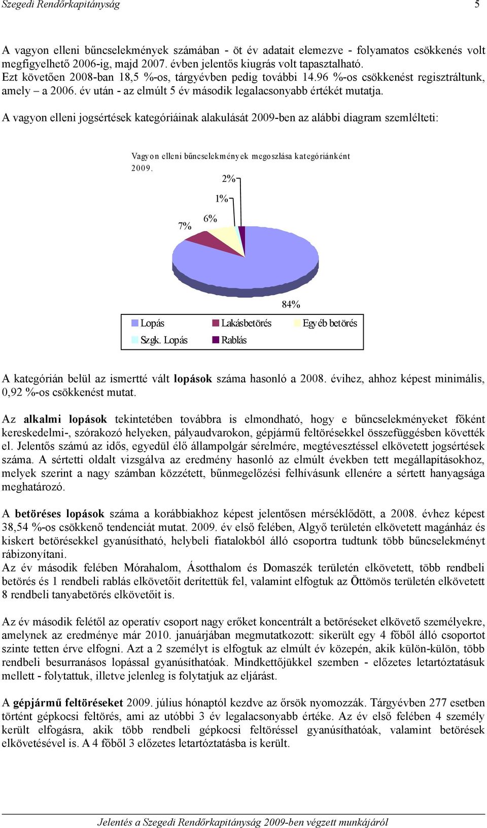 A vagyon elleni jogsértések kategóriáinak alakulását 2009-ben az alábbi diagram szemlélteti: Vagyon elleni bűncselekm ények megoszlása kategóriánként 2009.
