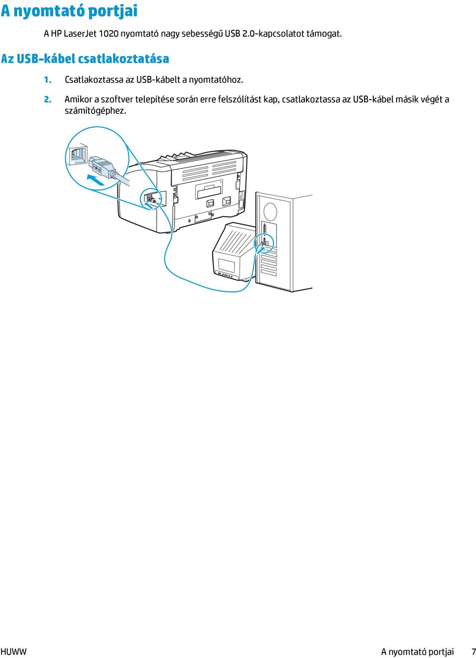 Csatlakoztassa az USB-kábelt a nyomtatóhoz. 2.