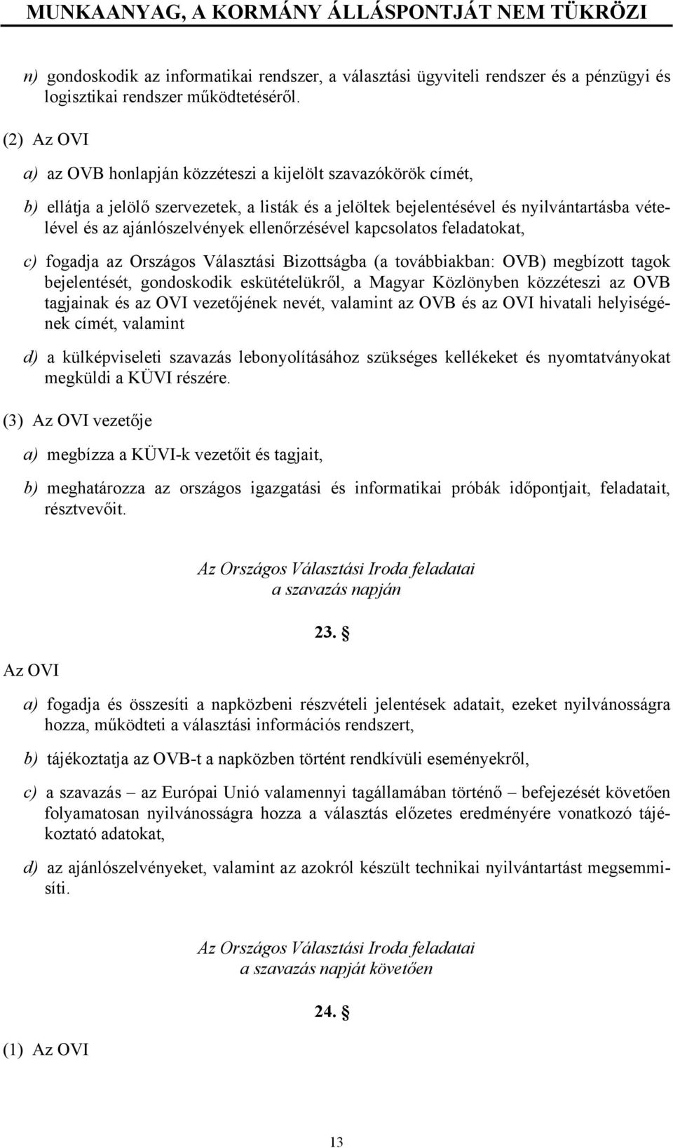 ellenőrzésével kapcsolatos feladatokat, c) fogadja az Országos Választási Bizottságba (a továbbiakban: OVB) megbízott tagok bejelentését, gondoskodik eskütételükről, a Magyar Közlönyben közzéteszi az