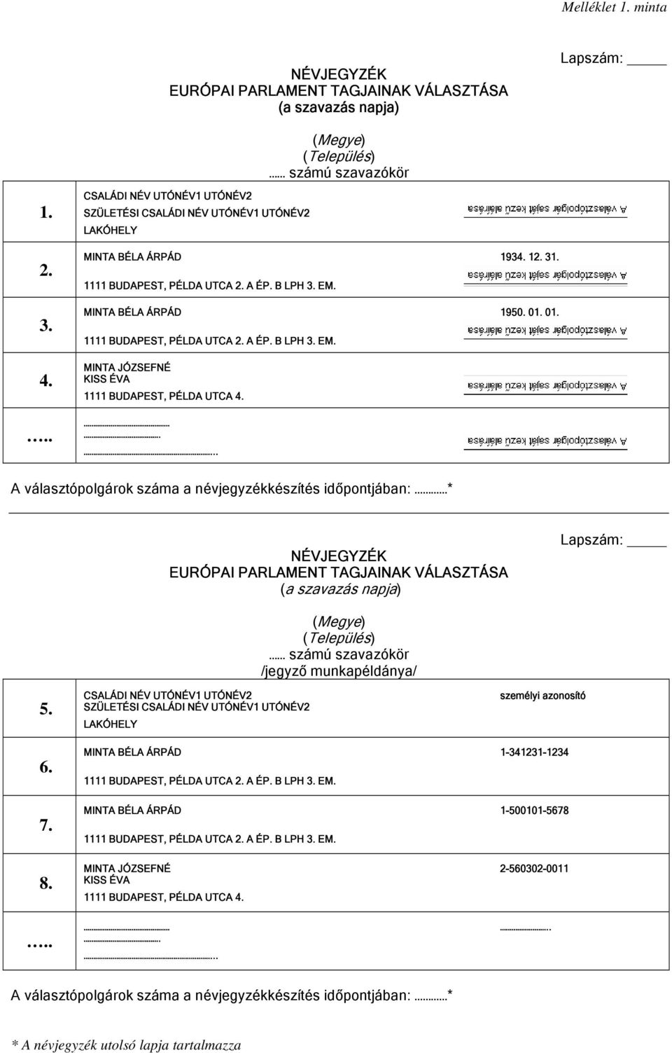 01. 1111 BUDAPEST, PÉLDA UTCA 2. A ÉP. B LPH 3. EM. MINTA JÓZSEFNÉ KISS ÉVA 1111 BUDAPEST, PÉLDA UTCA 4.