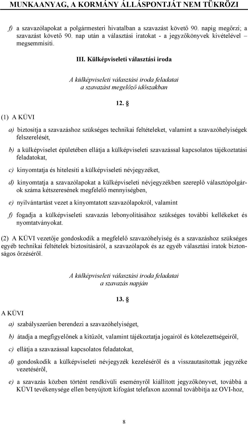 Külképviseleti választási iroda (1) A KÜVI A külképviseleti választási iroda feladatai a szavazást megelőző időszakban 12.