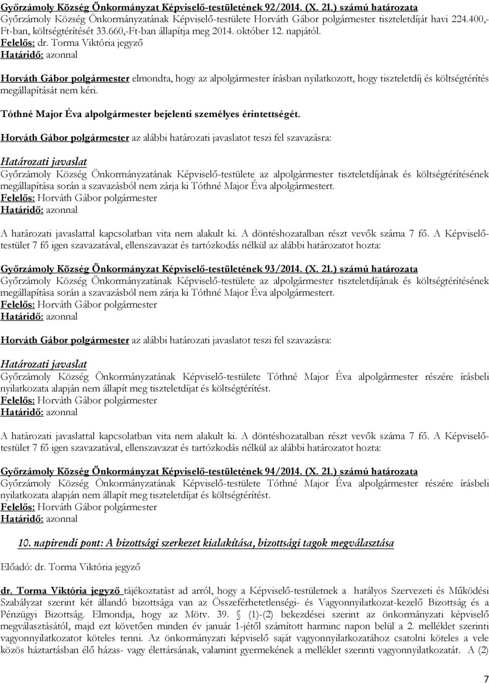 Torma Viktória jegyző Horváth Gábor polgármester elmondta, hogy az alpolgármester írásban nyilatkozott, hogy tiszteletdíj és költségtérítés megállapítását nem kéri.