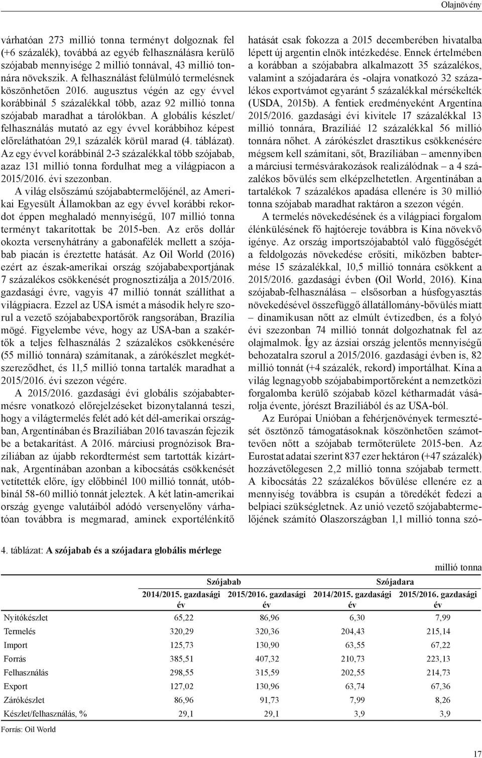 A globális készlet/ felhasználás mutató az egy évvel korábbihoz képest előreláthatóan 29,1 százalék körül marad (4. táblázat).