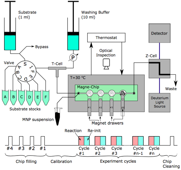 2.1 Performing multi-parameter experiments in Magne-Chip Figure 1 Schematic diagram of the fluid control system Magne-Chip experiments involved four steps: 1) filling up the chip with MNPs, 2)
