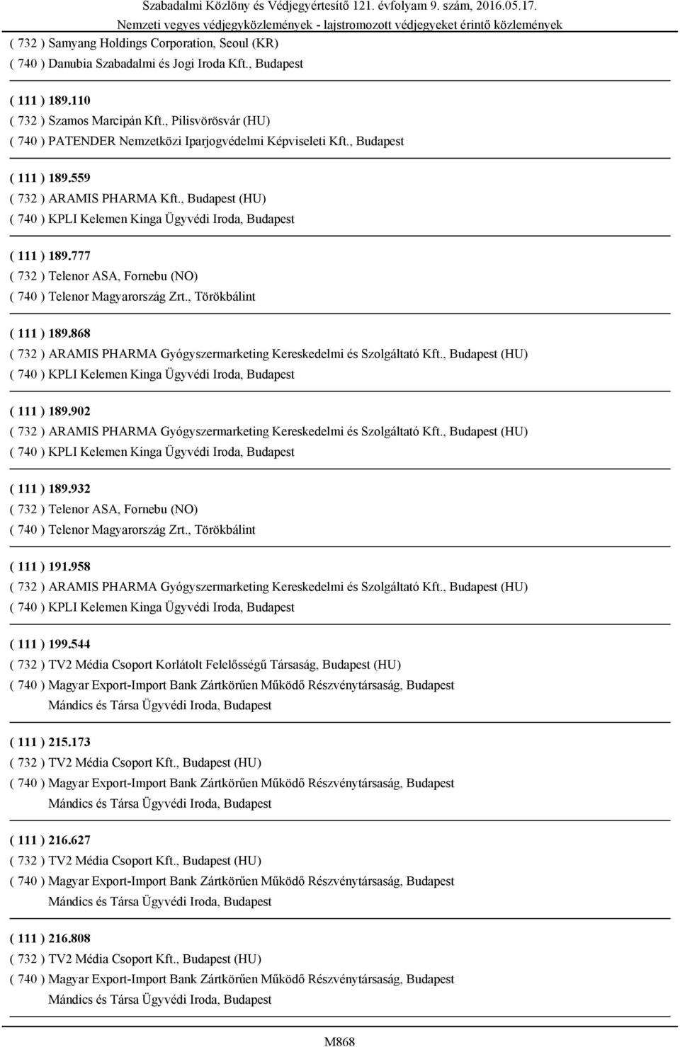 , Budapest (HU) ( 740 ) KPLI Kelemen Kinga Ügyvédi Iroda, Budapest ( 111 ) 189.777 ( 732 ) Telenor ASA, Fornebu (NO) ( 740 ) Telenor Magyarország Zrt., Törökbálint ( 111 ) 189.
