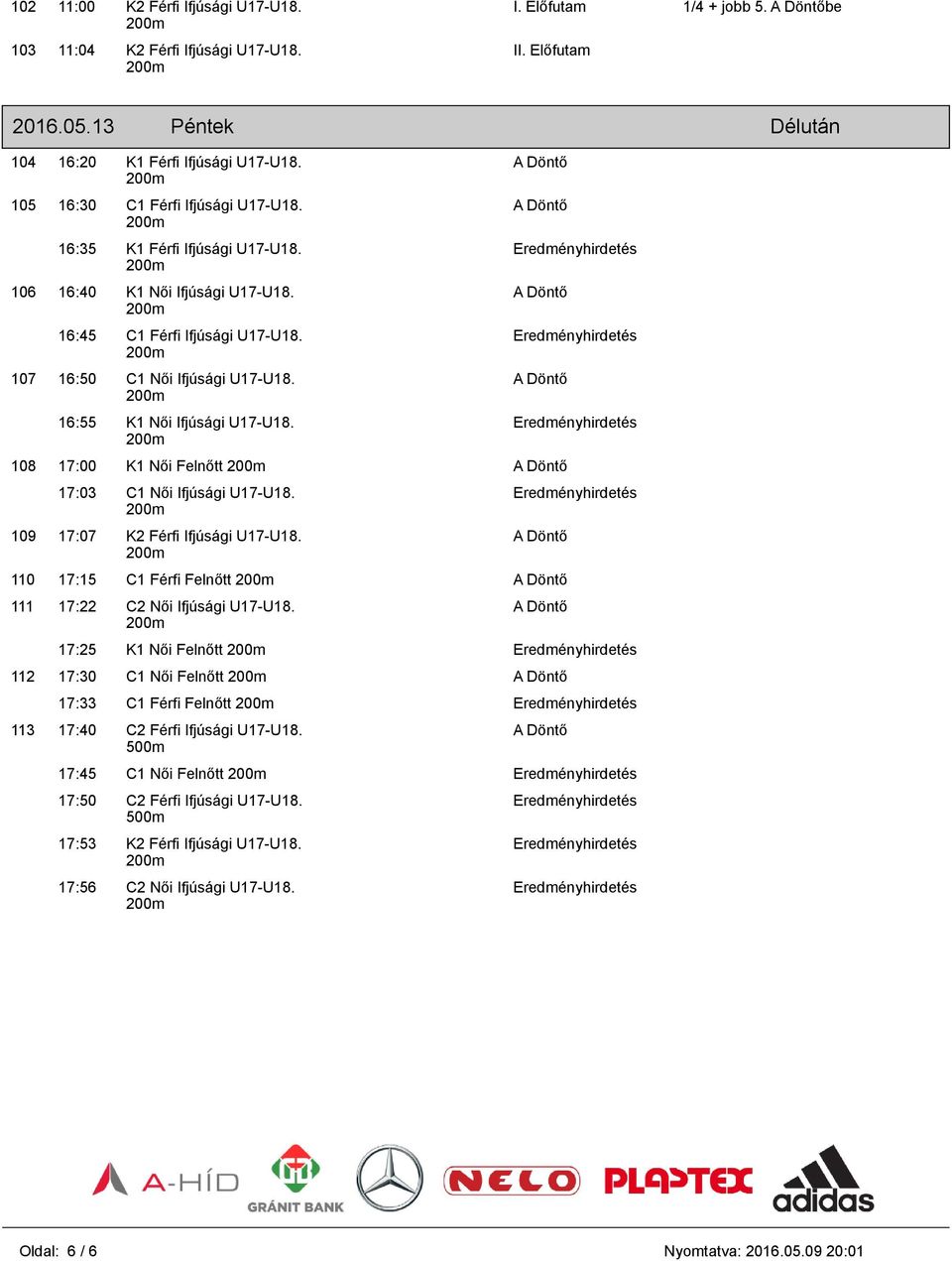 16:55 K1 Női Ifjúsági U17-U18. A Döntő A Döntő Eredményhirdetés A Döntő Eredményhirdetés A Döntő 108 17:00 K1 Női Felnőtt A Döntő 17:03 C1 Női Ifjúsági U17-U18. 109 17:07 K2 Férfi Ifjúsági U17-U18.
