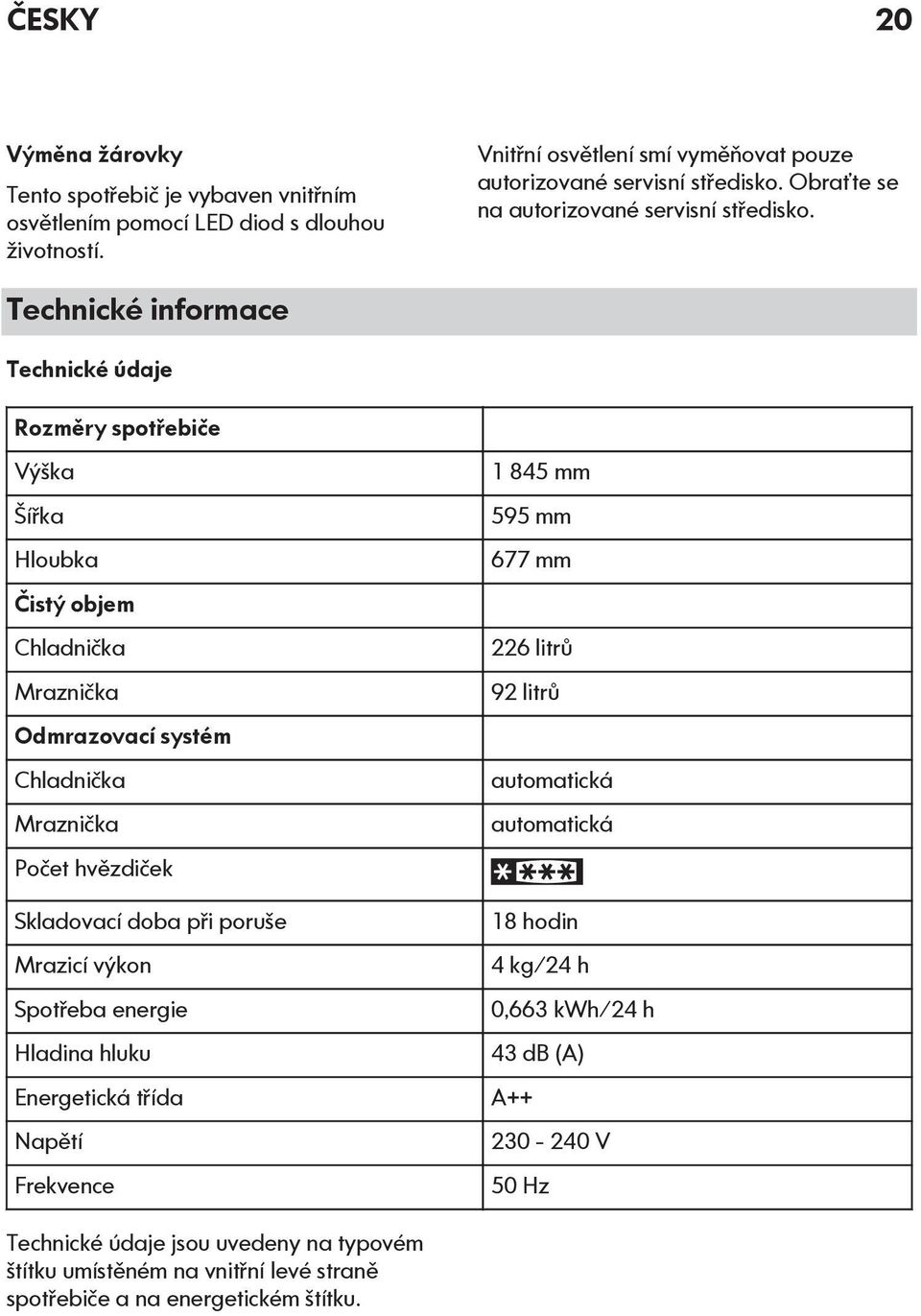 Technické informace Technické údaje Rozměry spotřebiče Výška Šířka Hloubka Čistý objem Chladnička Mraznička Odmrazovací systém Chladnička Mraznička Počet hvězdiček Skladovací doba při