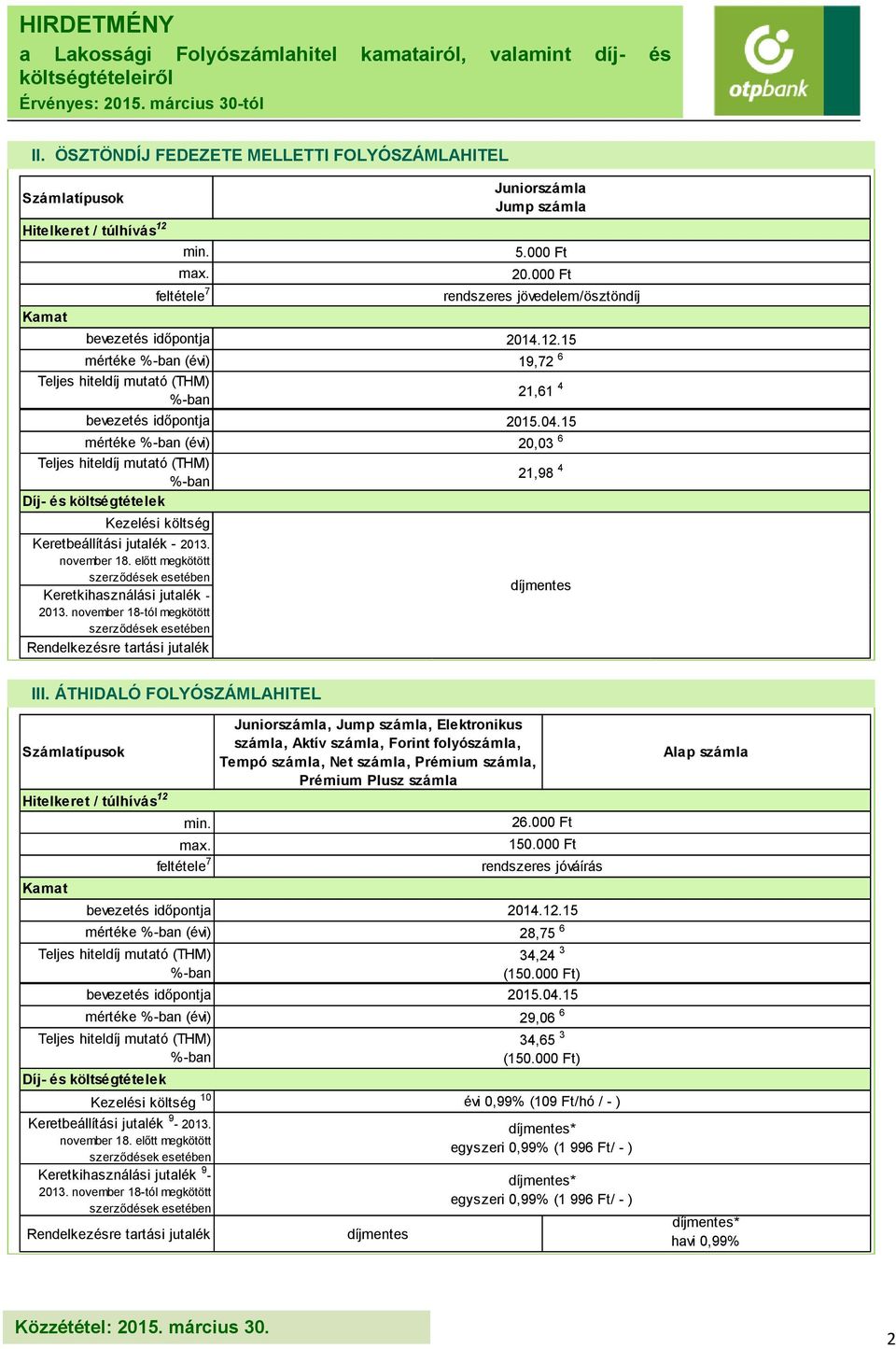 ÁTHIDALÓ FOLYÓSZÁMLAHITEL Kezelési költség 10 Keretbeállítási jutalék 9-2013.