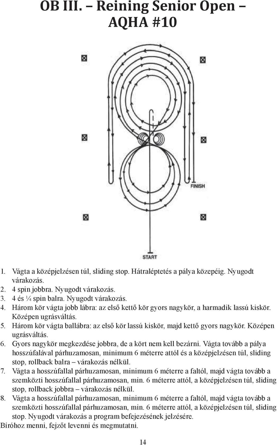 Három kör vágta ballábra: az első kör lassú kiskör, majd kettő gyors nagykör. Középen ugrásváltás. 6. Gyors nagykör megkezdése jobbra, de a kört nem kell bezárni.