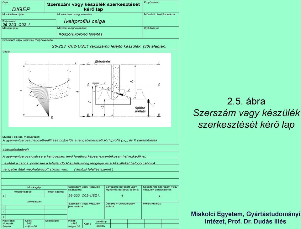 ábra Szerszám vagy készülék szerkesztését kérő lap Műszaki előírás, magyarázat: A gyémántceruza helyzetbeállítása biztosítja a tengelymetszeti körívprofilt ( ax.és K paraméterek állíthatóságával).