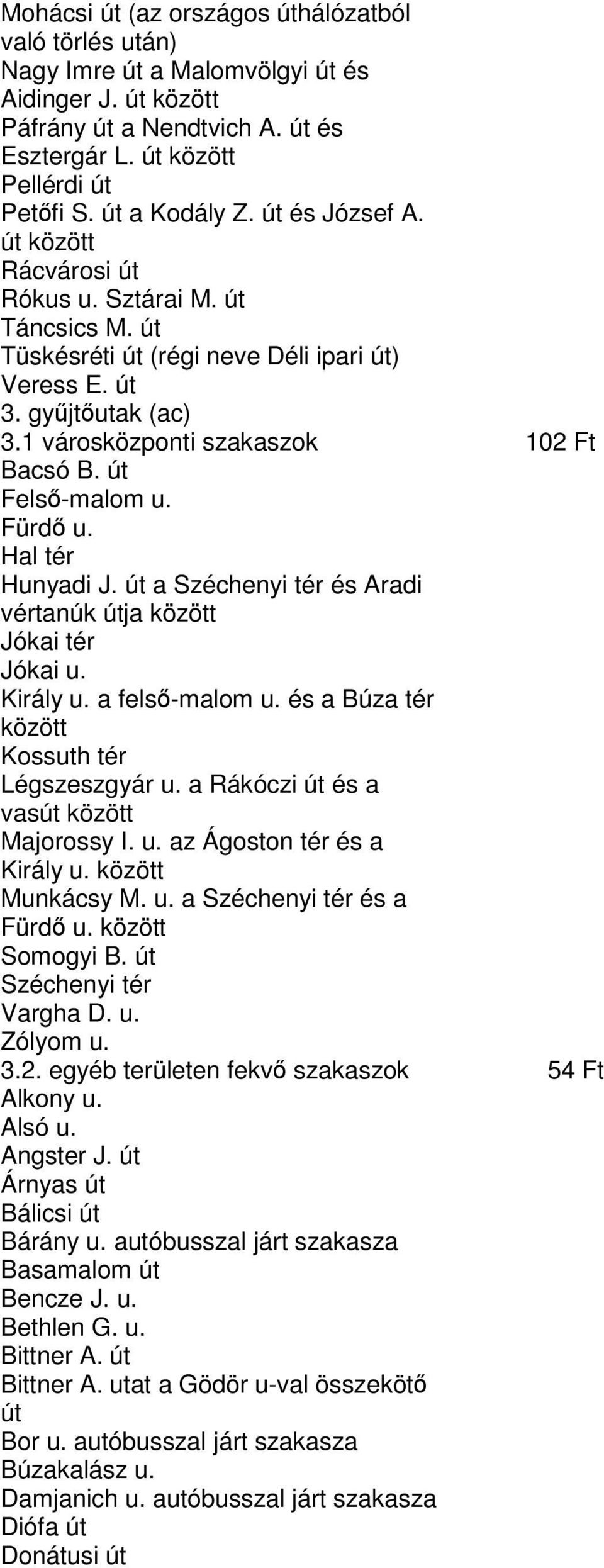 út Felső-malom u. Fürdő u. Hal tér Hunyadi J. út a Széchenyi tér és Aradi vértanúk útja Jókai tér Jókai u. Király u. a felső-malom u. és a Búza tér Kossuth tér Légszeszgyár u.