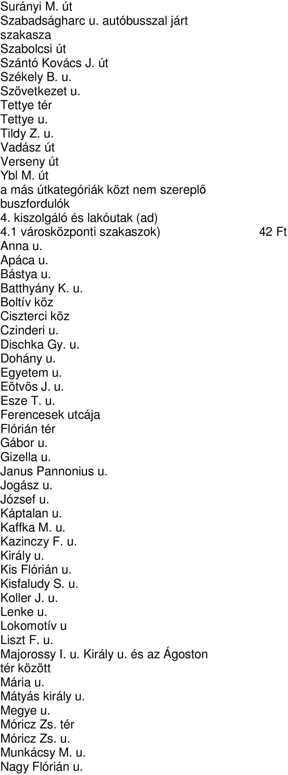 Dischka Gy. u. Dohány u. Egyetem u. Eötvös J. u. Esze T. u. Ferencesek utcája Flórián tér Gábor u. Gizella u. Janus Pannonius u. Jogász u. József u. Káptalan u. Kaffka M. u. Kazinczy F. u. Király u.