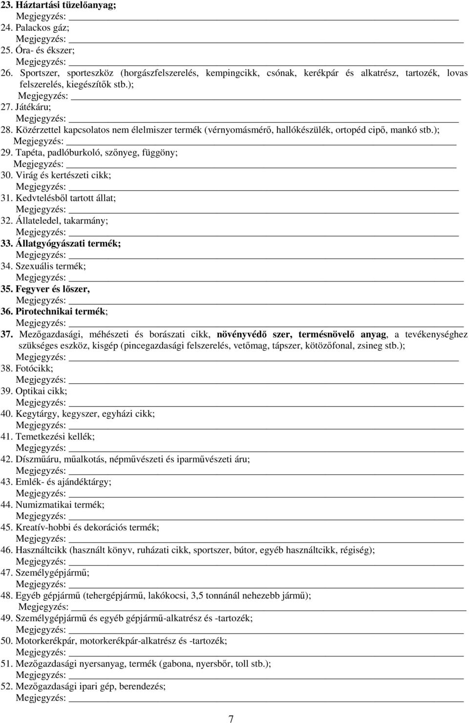 Közérzettel kapcsolatos nem élelmiszer termék (vérnyomásmérő, hallókészülék, ortopéd cipő, mankó stb.); 29. Tapéta, padlóburkoló, szőnyeg, függöny; 30. Virág és kertészeti cikk; 31.