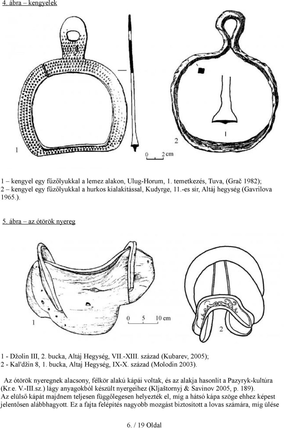 század (Molodin 2003). Az ótörök nyeregnek alacsony, félkör alakú kápái voltak, és az alakja hasonlít a Pazyryk-kultúra (Kr.e. V.-III.sz.) lágy anyagokból készült nyergeihez (Kljaštornyj & Savinov 2005, p.