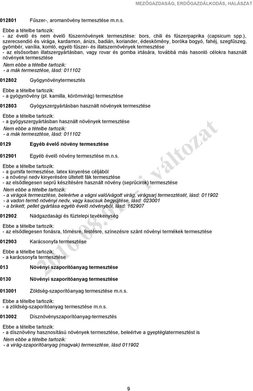 illatszergyártásban, vagy rovar és gomba irtására, továbbá más hasonló célokra használt növények termesztése - a mák termesztése, lásd: 011102 012802 Gyógynövénytermesztés - a gyógynövény (pl.