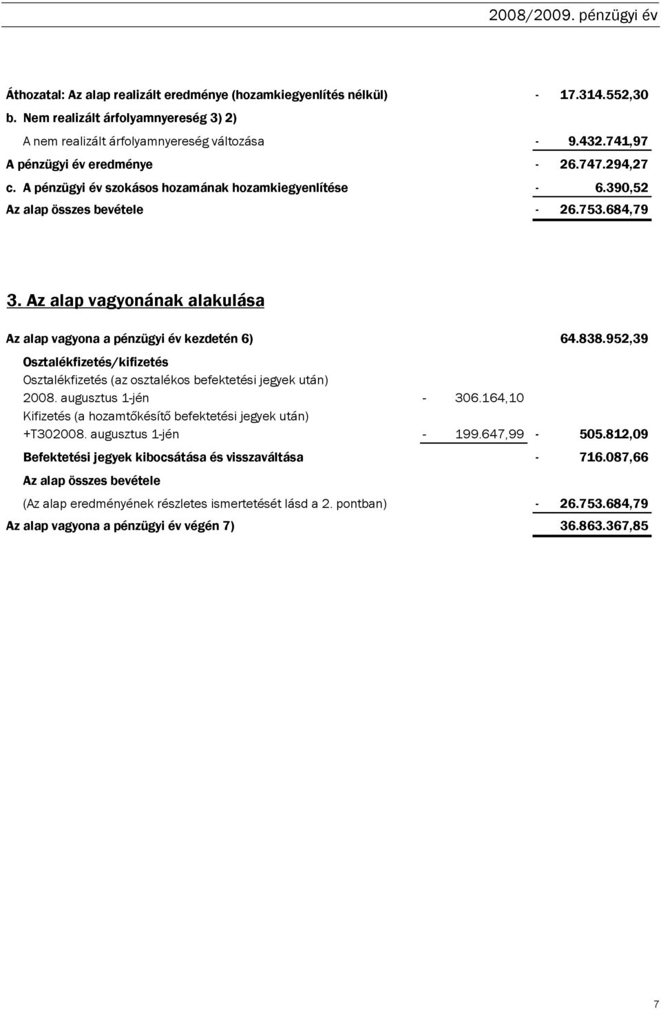 Az alap vagyonának alakulása Az alap vagyona a pénzügyi év kezdetén 6) Osztalékfizetés/kifizetés Osztalékfizetés (az osztalékos befektetési jegyek után) 2008.