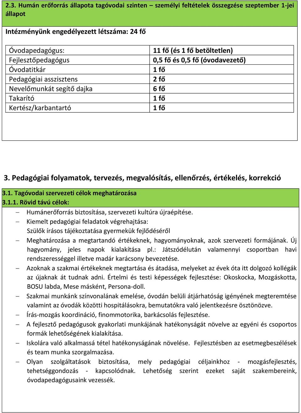 Pedagógiai folyamatok, tervezés, megvalósítás, ellenőrzés, értékelés, korrekció 3.1. Tagóvodai szervezeti célok meghatározása 3.1.1. Rövid távú célok: Humánerőforrás biztosítása, szervezeti kultúra újraépítése.