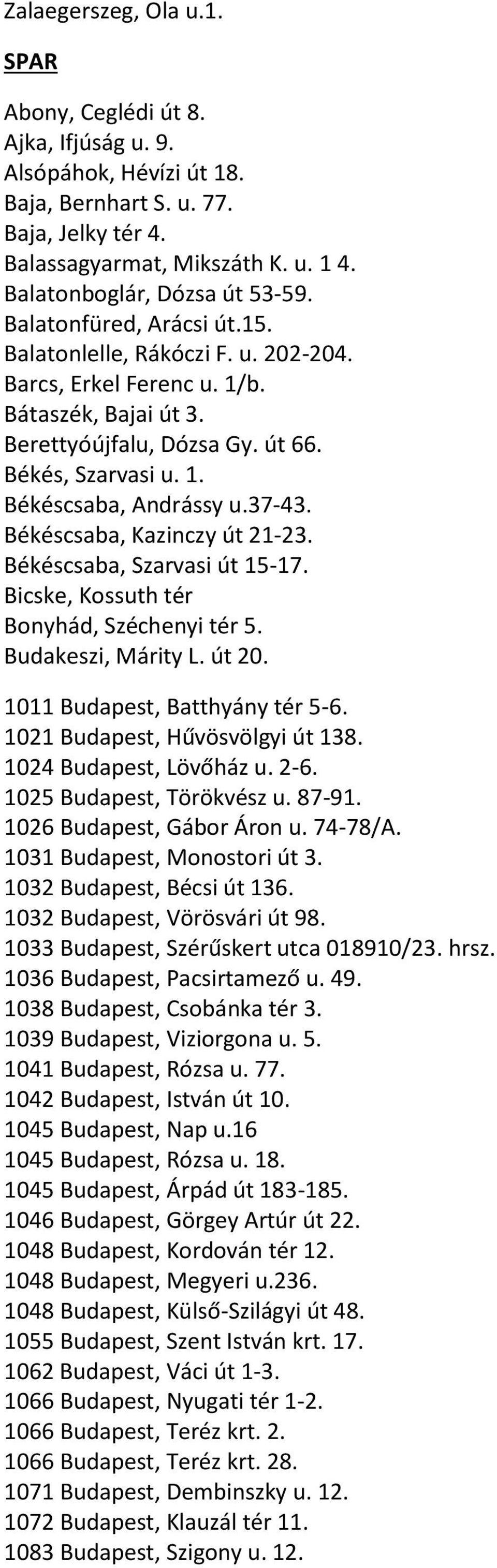 37-43. Békéscsaba, Kazinczy út 21-23. Békéscsaba, Szarvasi út 15-17. Bicske, Kossuth tér Bonyhád, Széchenyi tér 5. Budakeszi, Márity L. út 20. 1011 Budapest, Batthyány tér 5-6.