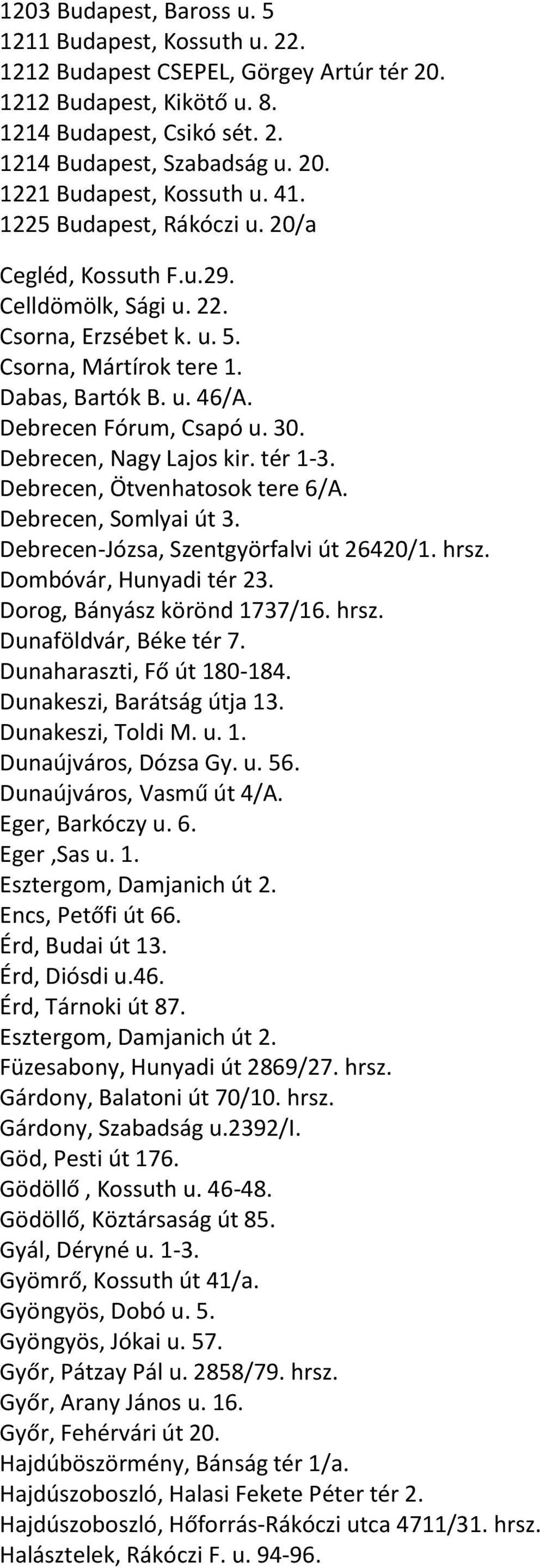 Debrecen, Nagy Lajos kir. tér 1-3. Debrecen, Ötvenhatosok tere 6/A. Debrecen, Somlyai út 3. Debrecen-Józsa, Szentgyörfalvi út 26420/1. hrsz. Dombóvár, Hunyadi tér 23. Dorog, Bányász körönd 1737/16.