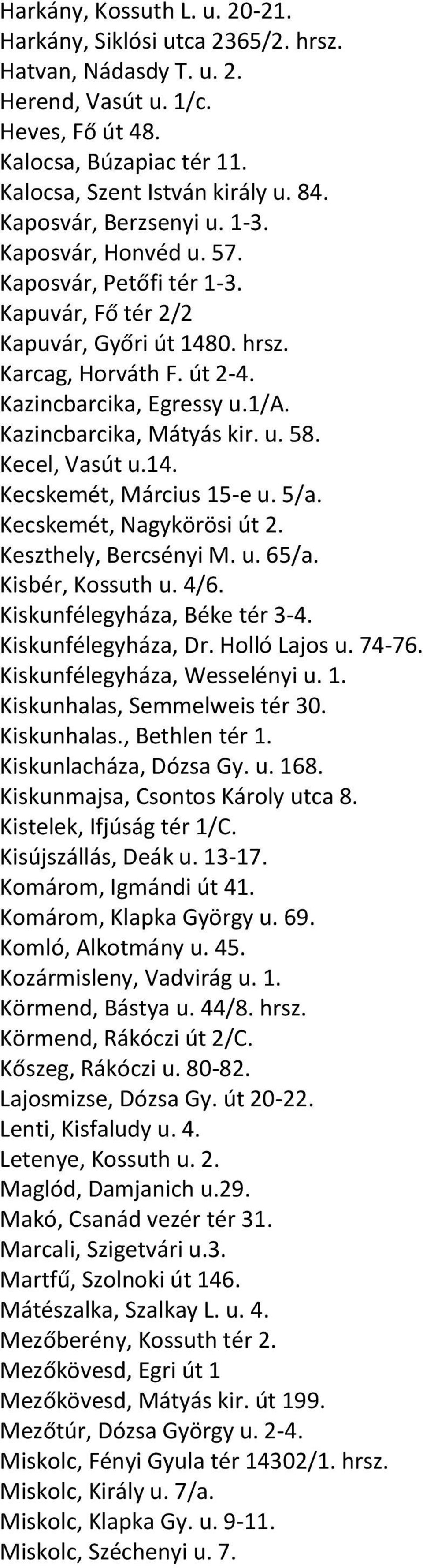 Kazincbarcika, Mátyás kir. u. 58. Kecel, Vasút u.14. Kecskemét, Március 15-e u. 5/a. Kecskemét, Nagykörösi út 2. Keszthely, Bercsényi M. u. 65/a. Kisbér, Kossuth u. 4/6.