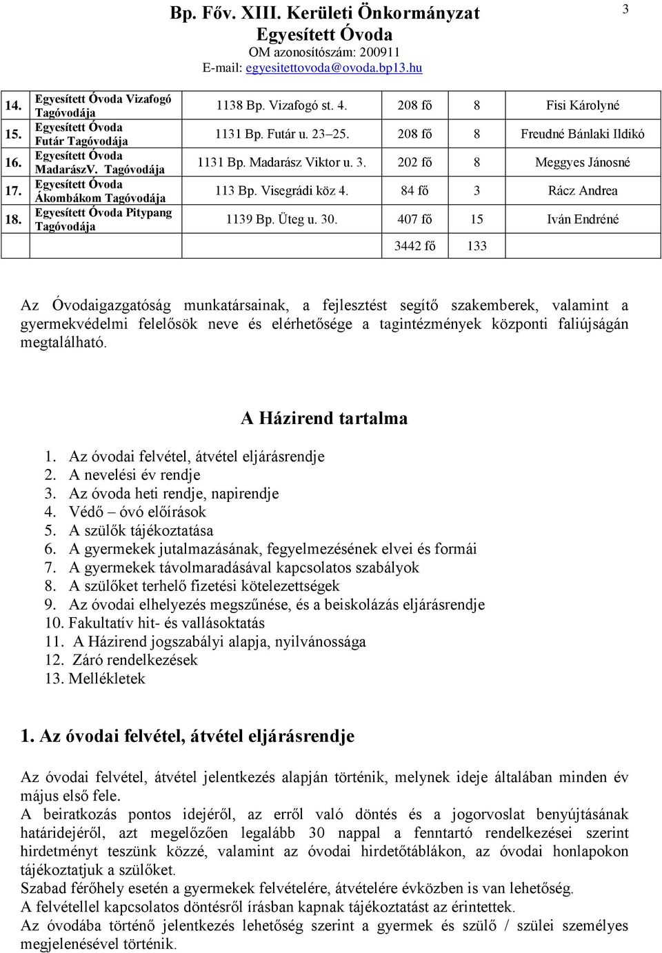 407 fő 15 Iván Endréné 3442 fő 133 Az Óvodaigazgatóság munkatársainak, a fejlesztést segítő szakemberek, valamint a gyermekvédelmi felelősök neve és elérhetősége a tagintézmények központi faliújságán