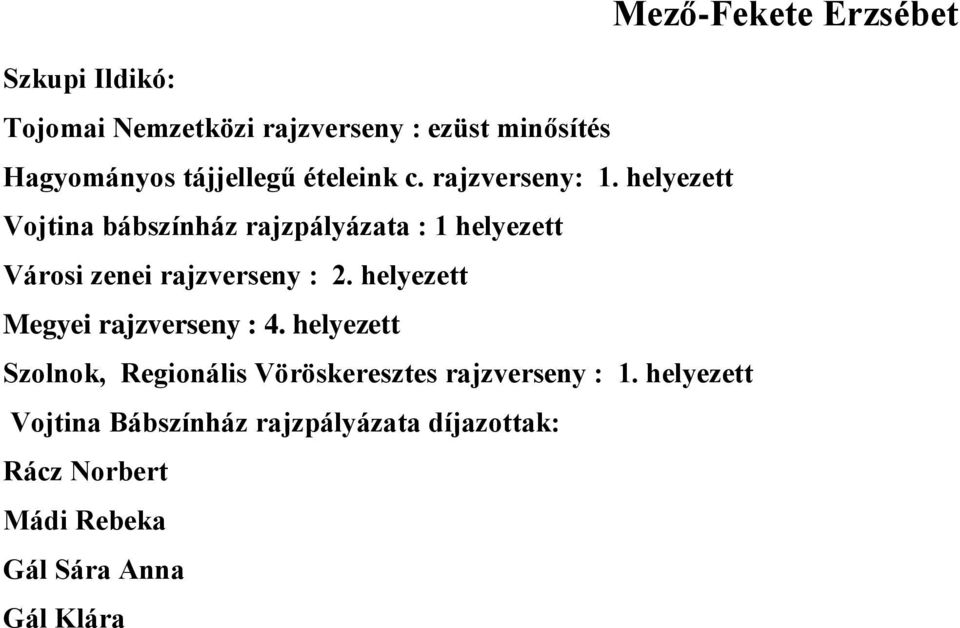 helyezett Megyei rajzverseny : 4. helyezett Szolnok, Regionális Vöröskeresztes rajzverseny : 1.