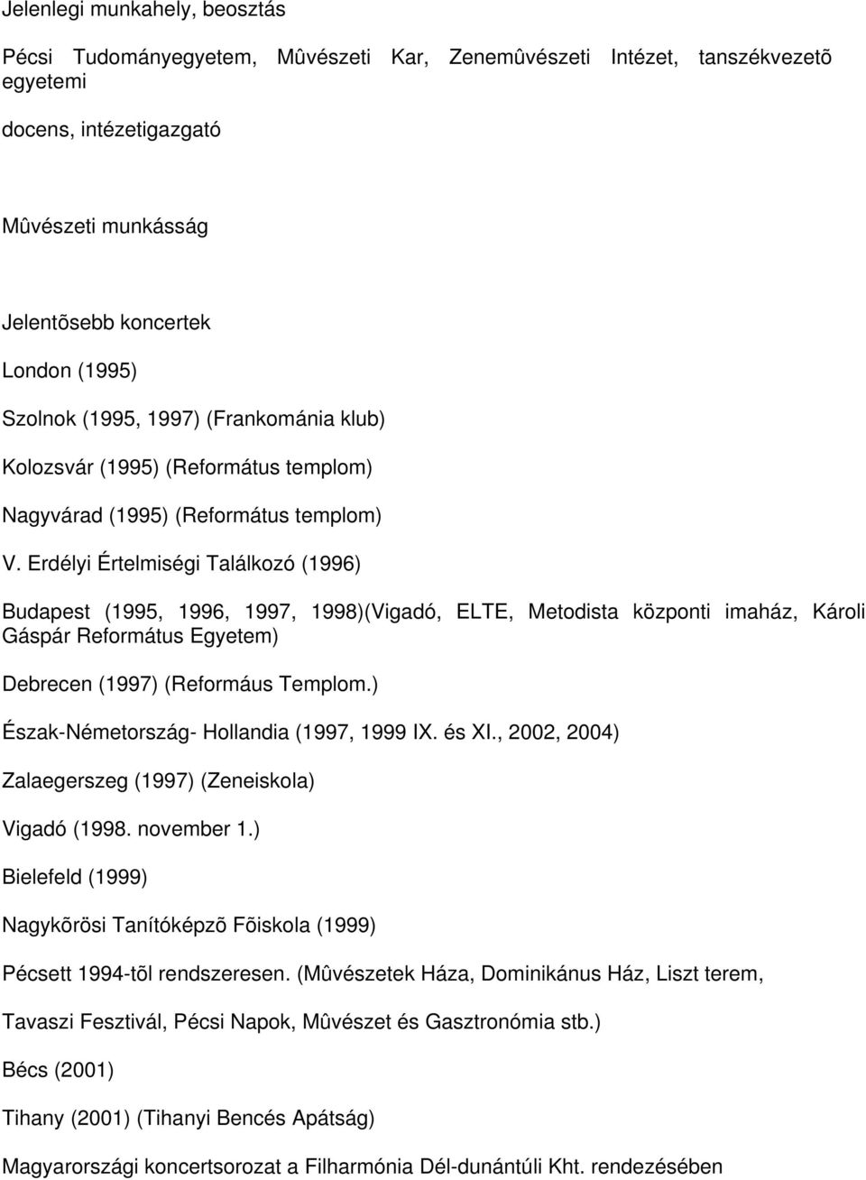 Erdélyi Értelmiségi Találkozó (1996) Budapest (1995, 1996, 1997, 1998)(Vigadó, ELTE, Metodista központi imaház, Károli Gáspár Református Egyetem) Debrecen (1997) (Reformáus Templom.