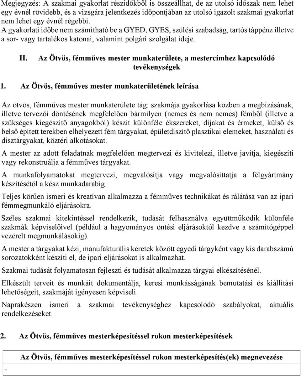 Az Ötvös, fémműves mester munkaterülete, a mestercímhez kapcsolódó tevékenységek 1.