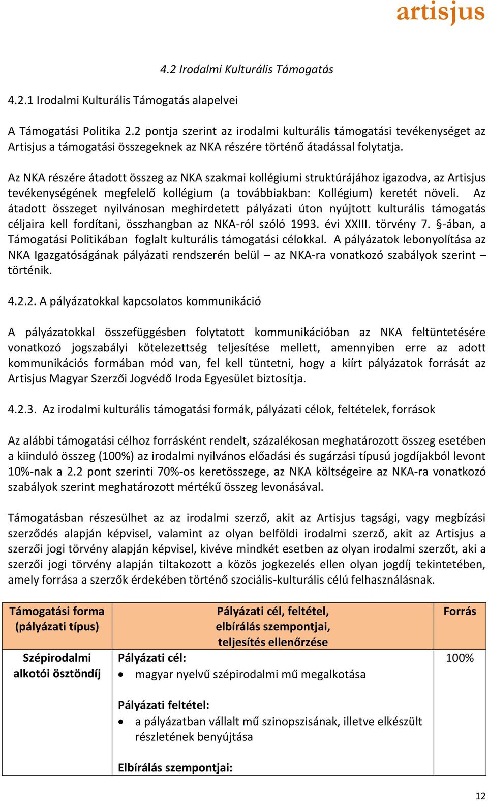 Az NKA részére átadott összeg az NKA szakmai kollégiumi struktúrájához igazodva, az Artisjus tevékenységének megfelelő kollégium (a továbbiakban: Kollégium) keretét növeli.