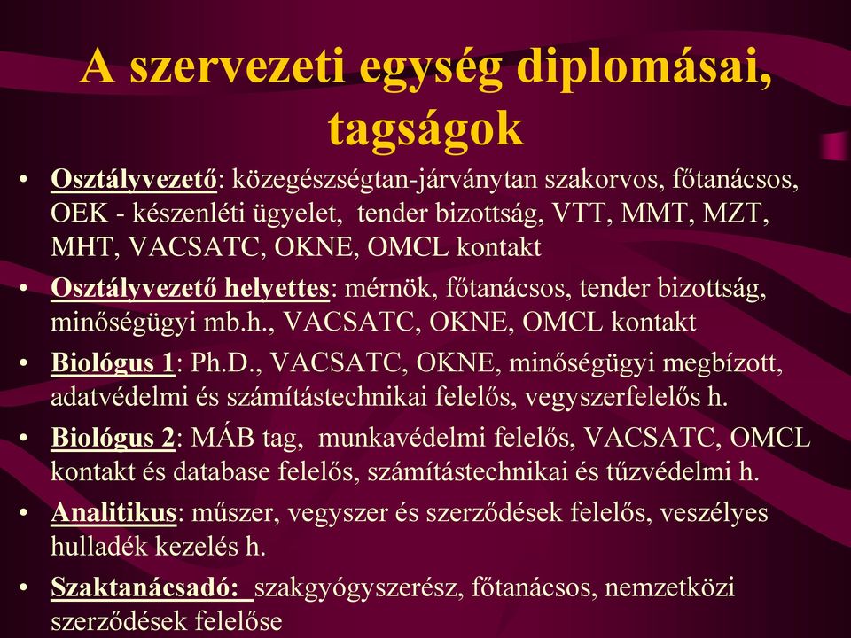 , VACSATC, OKNE, minőségügyi megbízott, adatvédelmi és számítástechnikai felelős, vegyszerfelelős h.