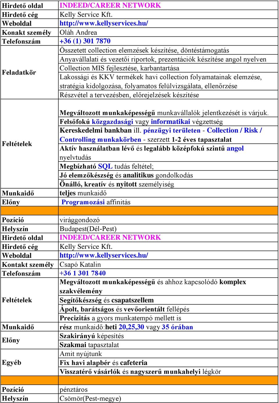 MIS fejlesztése, karbantartása Lakossági és KKV termékek havi collection folyamatainak elemzése, stratégia kidolgozása, folyamatos felülvizsgálata, ellenőrzése Részvétel a tervezésben, előrejelzések