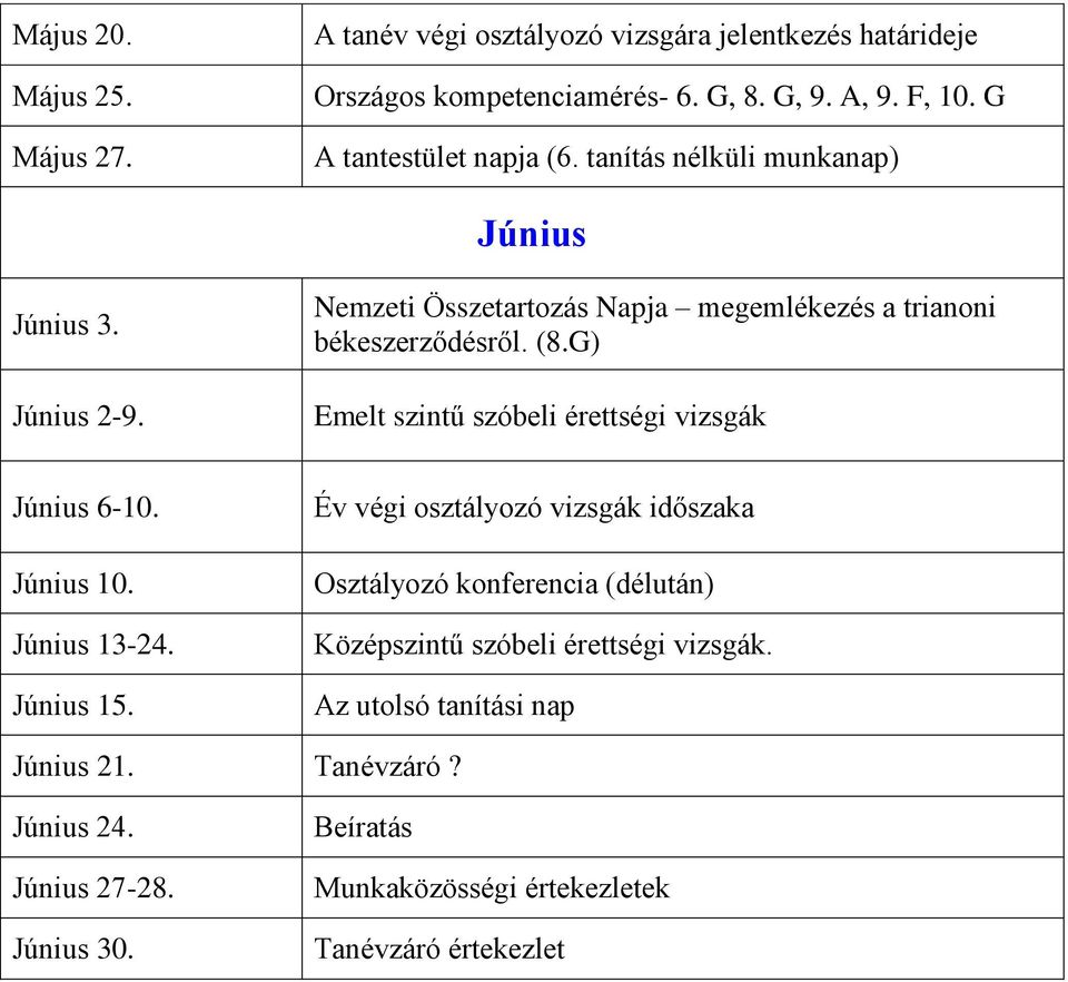 G) Emelt szintű szóbeli érettségi vizsgák Június 6-10. Június 10. Június 13-24. Június 15.