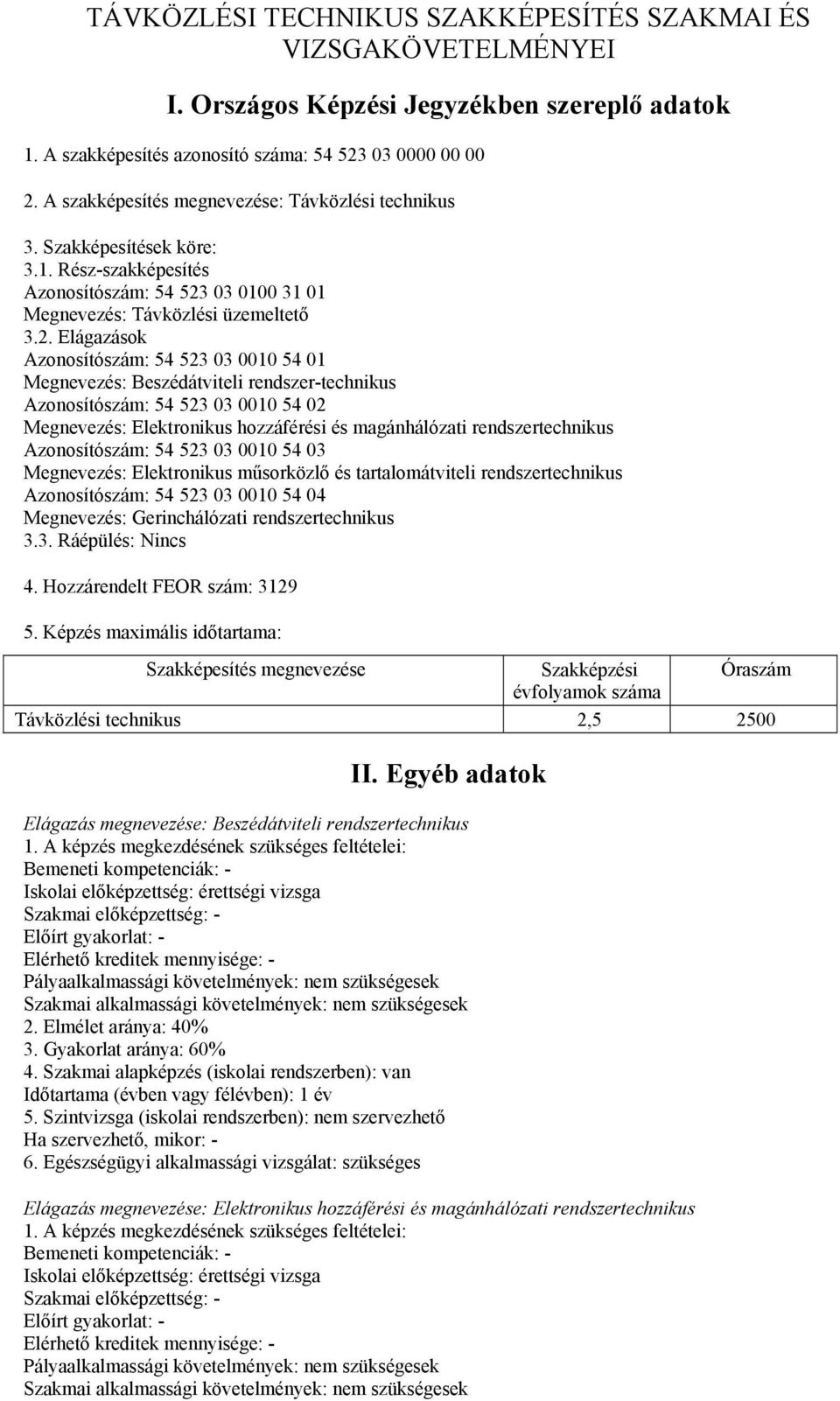 03 0100 31 01 Megnevezés: Távközlési üzemeltető 3.2.
