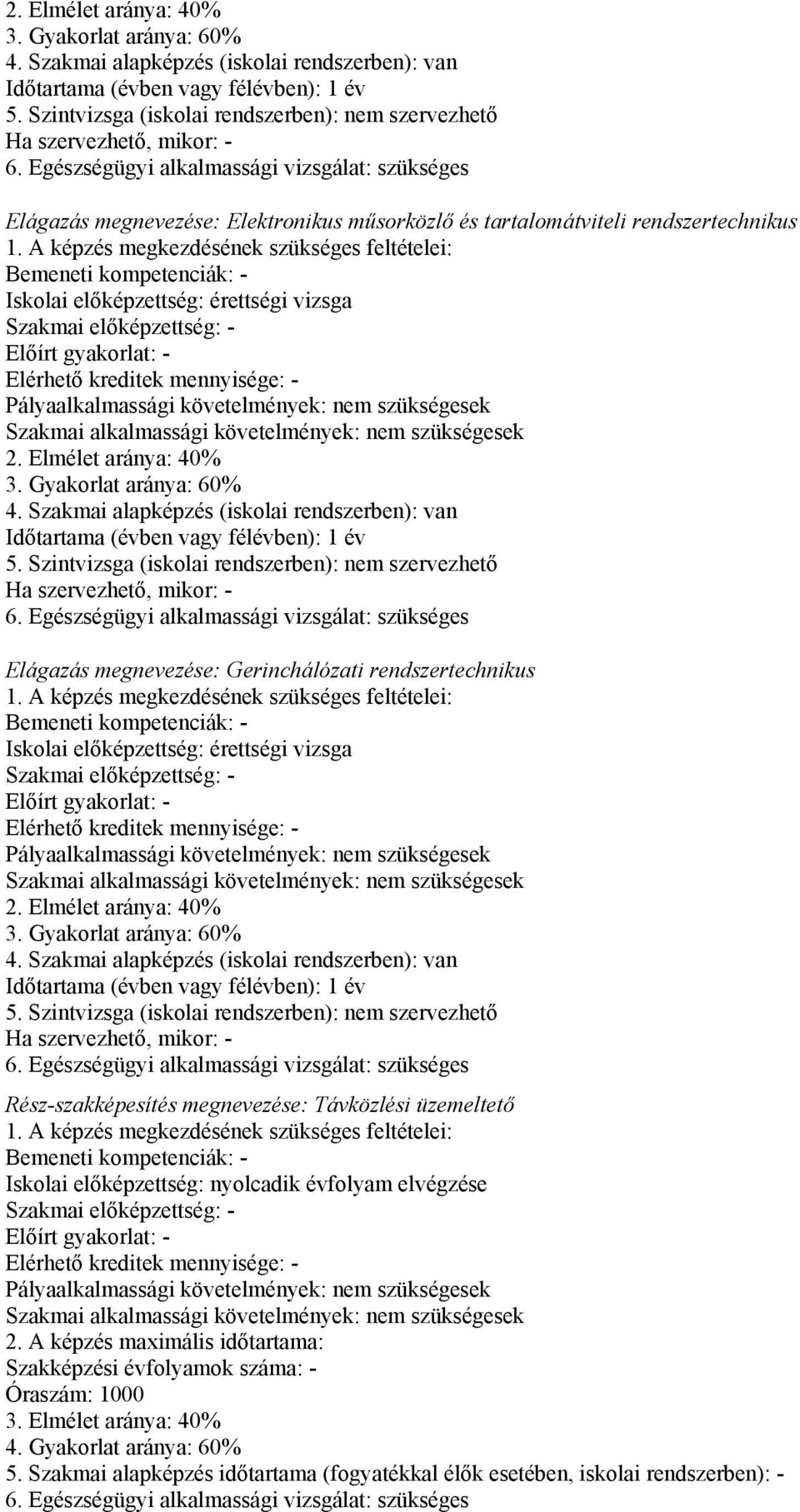 Egészségügyi alkalmassági vizsgálat: szükséges Elágazás megnevezése: Elektronikus műsorközlő és tartalomátviteli rendszertechnikus 1.