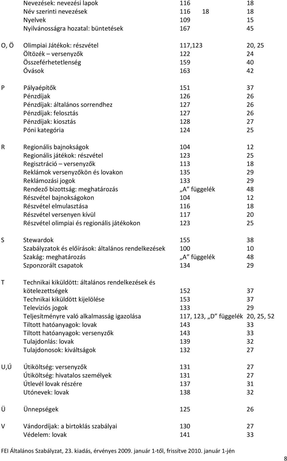 Regionális bajnokságok 104 12 Regionális játékok: részvétel 123 25 Regisztráció versenyzők 113 18 Reklámok versenyzőkön és lovakon 135 29 Reklámozási jogok 133 29 Rendező bizottság: meghatározás A