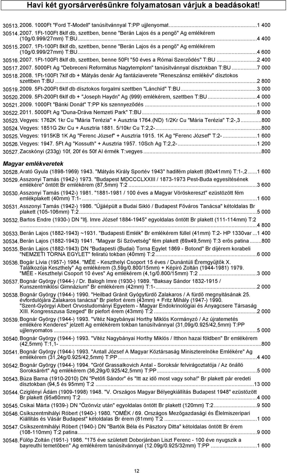 999/27mm) T:BU...4 600 30516.2007. 1Ft-100Ft 8klf db, szettben, benne 50Ft "50 éves a Római Szerződés" T:BU...2 400 30517.2007. 5000Ft Ag "Debreceni Református Nagytemplom" tanúsítvánnyal dísztokban T:BU.