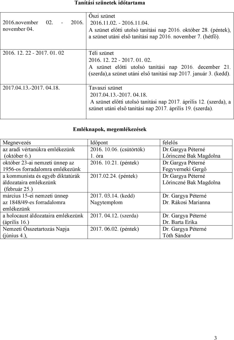 (szerda),a szünet utáni első tanítási nap 2017. január 3. (kedd). 2017.04.13.-2017. 04.18. Tavaszi szünet 2017.04.13.-2017. 04.18. A szünet előtti utolsó tanítási nap 2017. április 12.