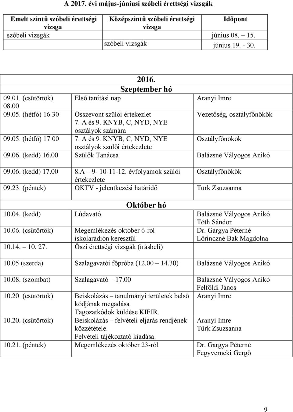 00 7. A és 9. KNYB, C, NYD, NYE Osztályfőnökök osztályok szülői értekezlete 09.06. (kedd) 16.00 Szülők Tanácsa Balázsné Vályogos Anikó 09.06. (kedd) 17.00 8.A 9-10-11-12.