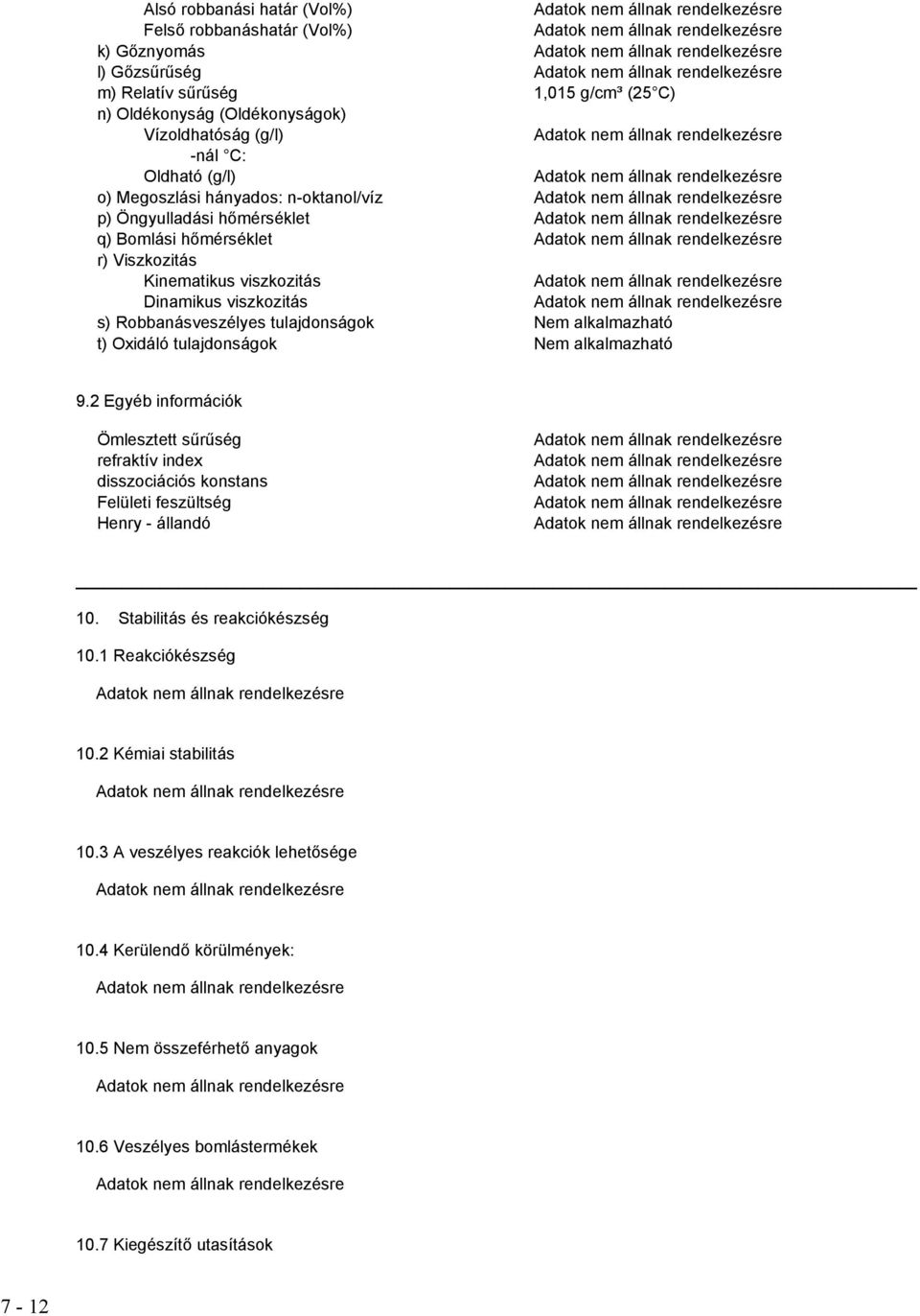 alkalmazható t) Oxidáló tulajdonságok Nem alkalmazható 9.2 Egyéb információk Ömlesztett sűrűség refraktív index disszociációs konstans Felületi feszültség Henry - állandó 10.