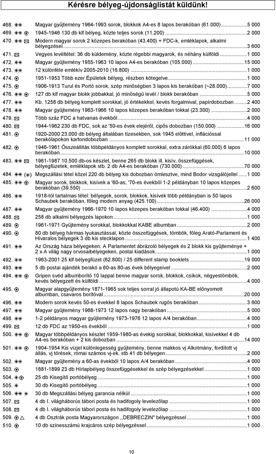 Magyar gyűjtemény 1955-1963 10 lapos A4-es berakóban (105.000)...15 000 473. 12 különféle emlékív 2005-2010 (16.800)...1 000 474. 1951-1953 Több ezer Épületek bélyeg, részben kötegelve...1 000 475.