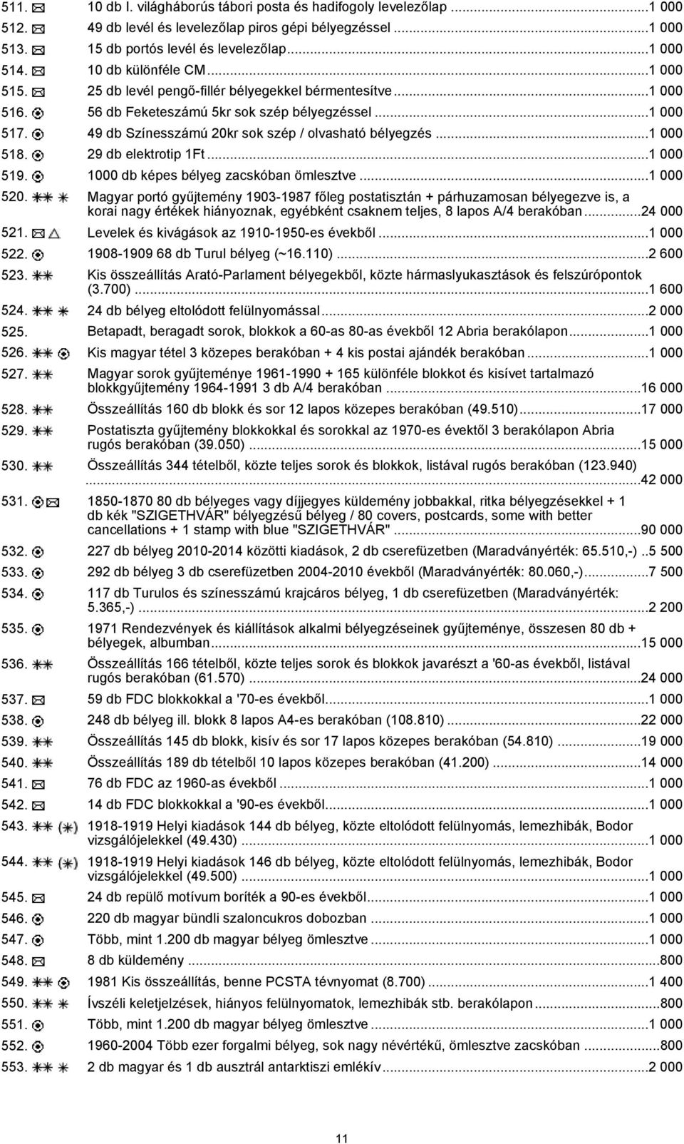 49 db Színesszámú 20kr sok szép / olvasható bélyegzés...1 000 518. 29 db elektrotip 1Ft...1 000 519. 1000 db képes bélyeg zacskóban ömlesztve...1 000 520.