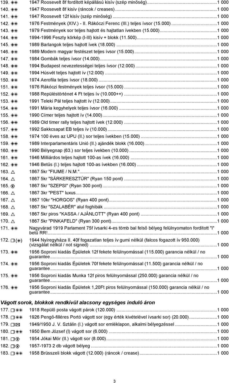 1994-1996 Feszty körkép (I-III) kisív + blokk (11.500)...1 000 145. 1989 Barlangok teljes hajtott ívek (18.000)...1 000 146. 1989 Modern magyar festészet teljes ívsor (15.000)...1 000 147.