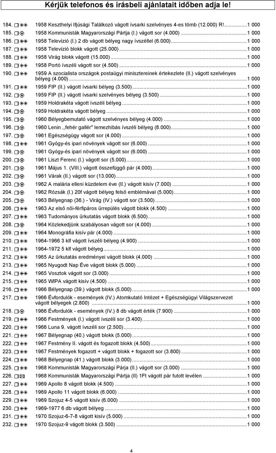 1958 Portó ívszéli vágott sor (4.500)...1 000 190. 1959 A szocialista országok postaügyi minisztereinek értekezlete (II.) vágott szelvényes bélyeg (4.000)...1 000 191. 1959 FIP (II.