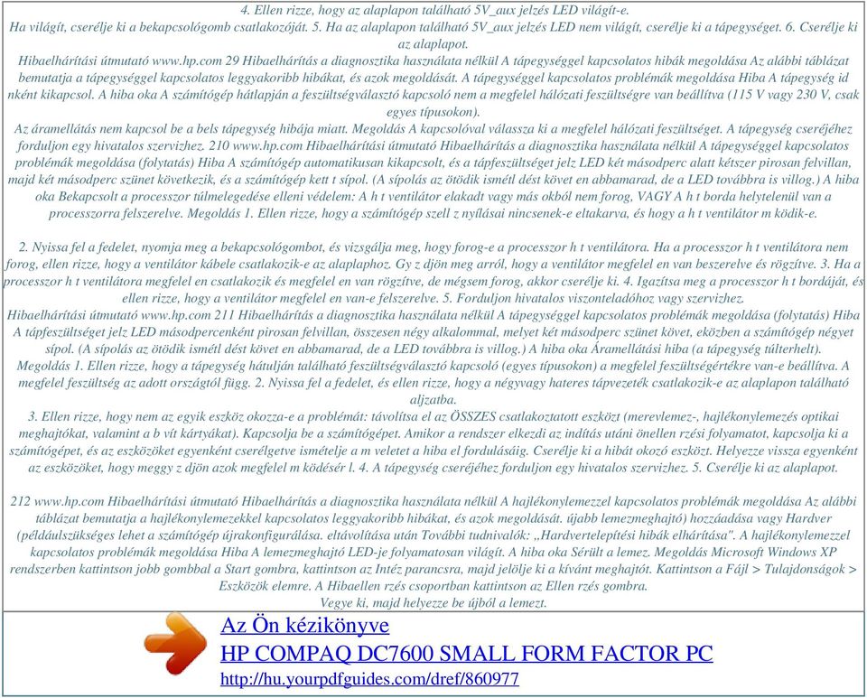 com 29 Hibaelhárítás a diagnosztika használata nélkül A tápegységgel kapcsolatos hibák megoldása Az alábbi táblázat bemutatja a tápegységgel kapcsolatos leggyakoribb hibákat, és azok megoldását.